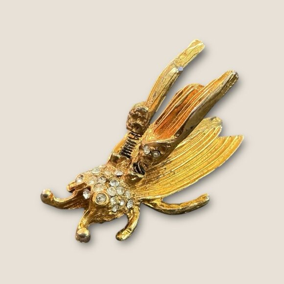 Vintage Hattie Carnegie Rhinestone Bug Bee Insect Trembler Brooch Gold Tone - Picture 4 of 7